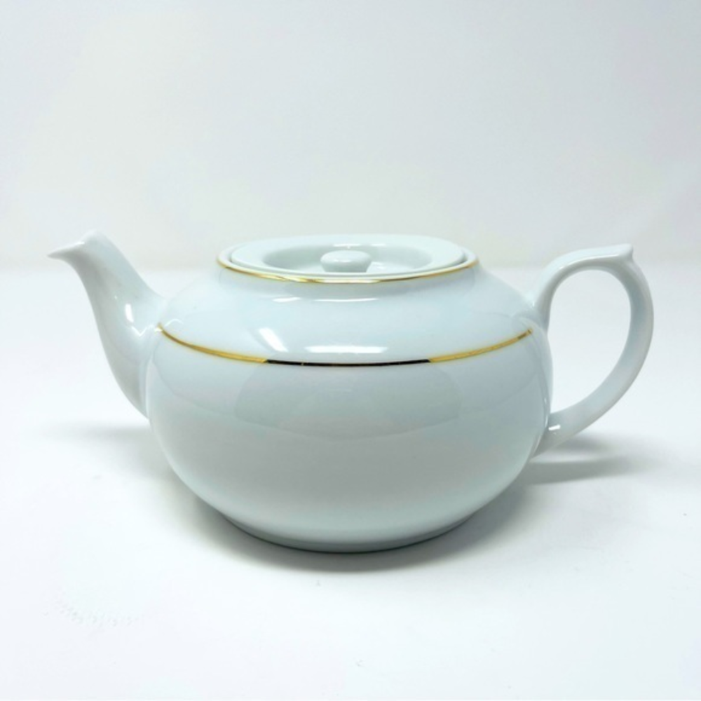 Tea Pot Gold Accent Design on White Porcelain with Sm. Steam Hole on Lid 4” High